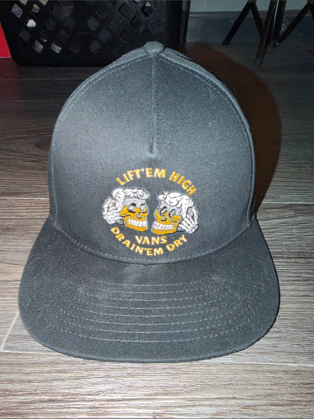 Vans Black Snapback with Yellow & White Skull Embroidery